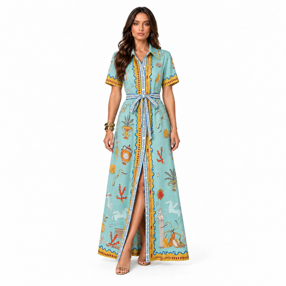 Aqua Greek Print Belted Button Front Maxi Shirt Dress NWT S M L Vacation Resort